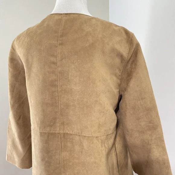 H&M Size 6 Faux Suede Jacket Draped Camel 3/4 Slv Overcoat Lined Workwear Womens - Picture 7 of 9
